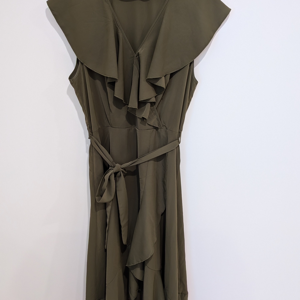Olive Green- PRETTYGARDEN Midi Deep V Neck Ruffle Hem Dress. Size XL - Picture 2 of 8